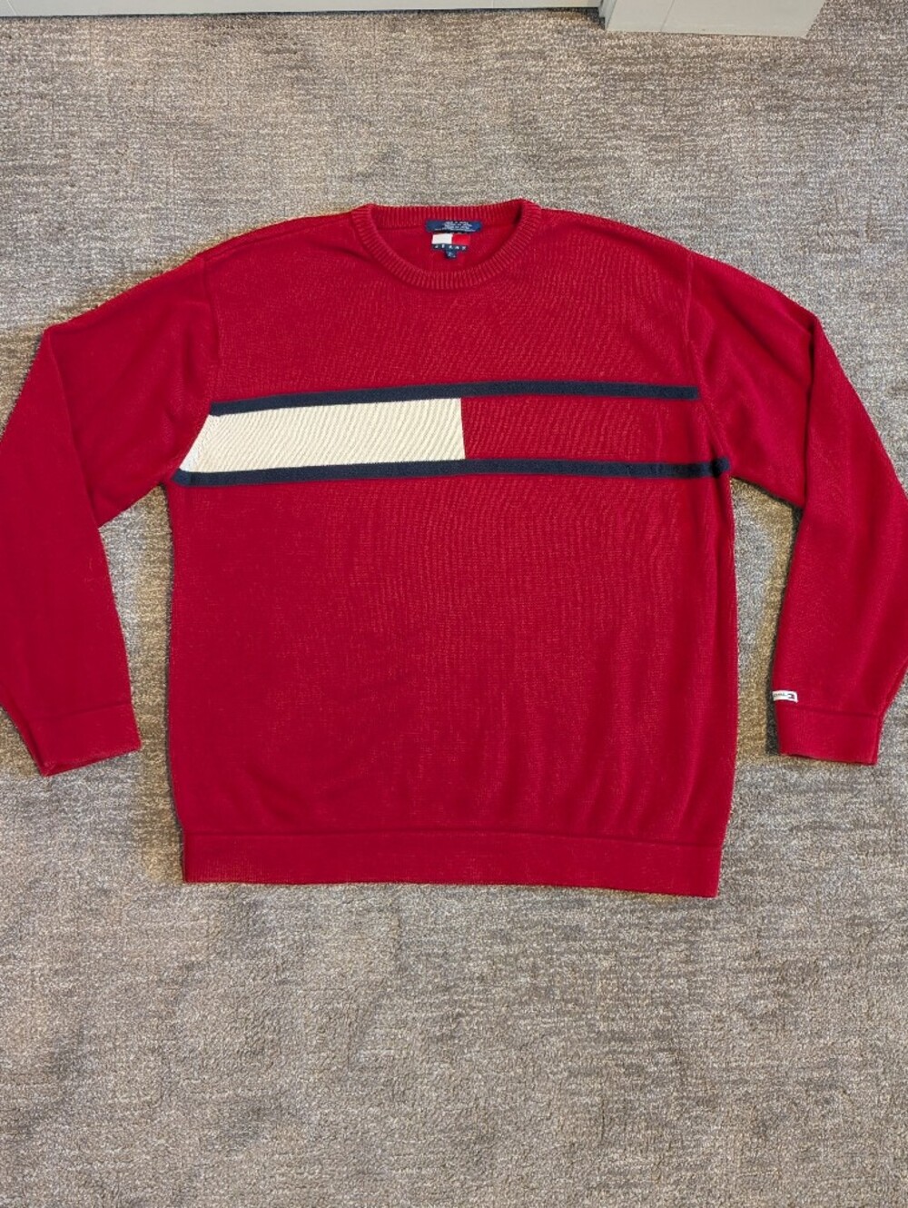 Vtg Tommy Jeans Tommy Hilfiger Mens Red Crewneck Sweater with Contrast Stripe XL